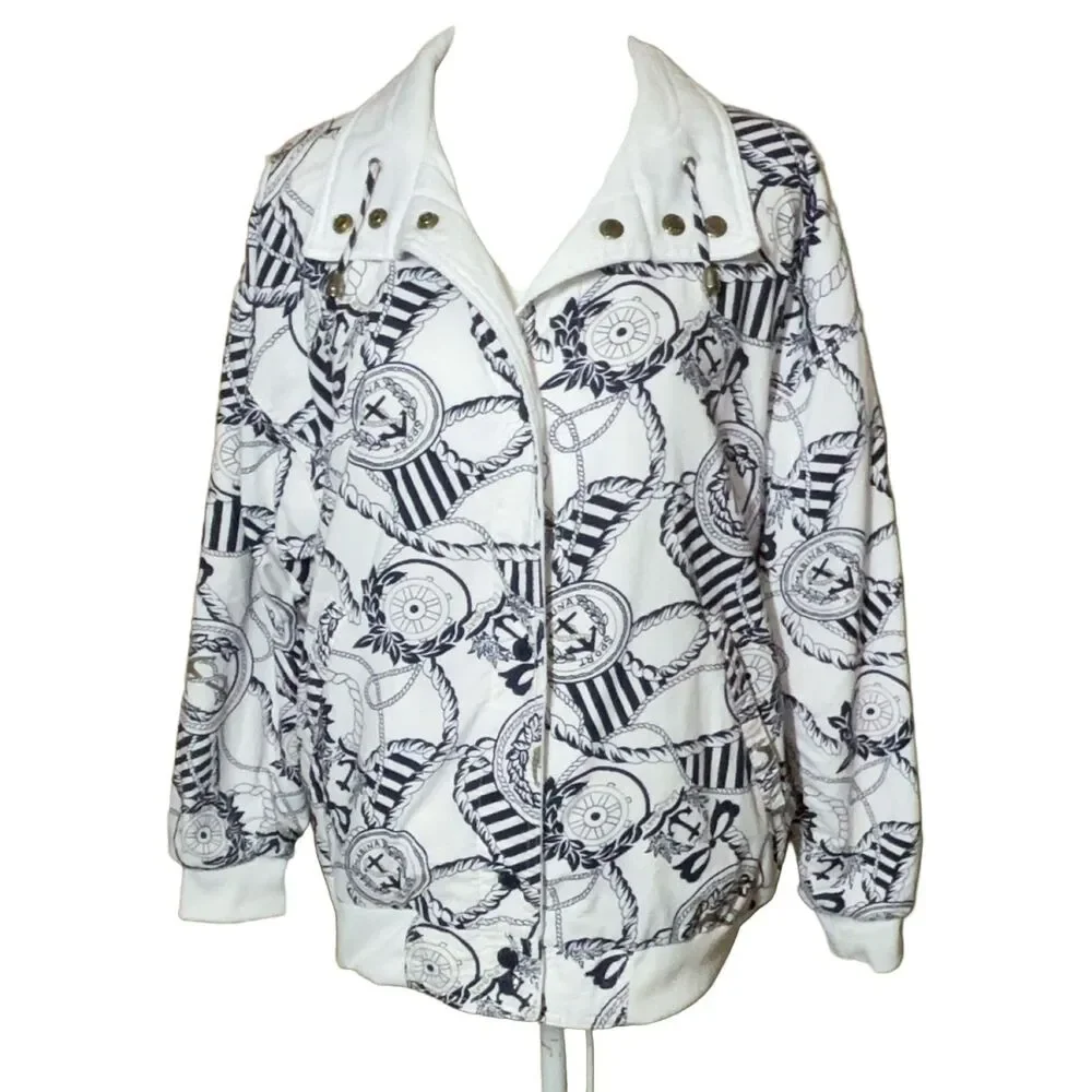 Rowboat Nautical Print Full Zip Jacket M White Navy Blue Anchor Cotton Poly
